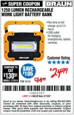 Harbor Freight Coupon BRAUN 1250 LUMEN LED RECHARGEABLE BATTERY BANK WORK LIGHT Lot No. 56163 Expired: 2/7/20 - $24.99