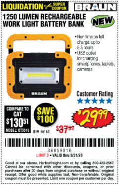 Harbor Freight Coupon BRAUN 1250 LUMEN LED RECHARGEABLE BATTERY BANK WORK LIGHT Lot No. 56163 Expired: 3/31/20 - $29.99