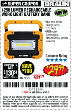 Harbor Freight Coupon BRAUN 1250 LUMEN LED RECHARGEABLE BATTERY BANK WORK LIGHT Lot No. 56163 Expired: 6/30/20 - $29.99