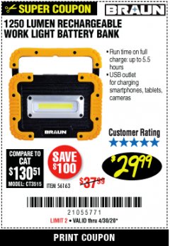 Harbor Freight Coupon BRAUN 1250 LUMEN LED RECHARGEABLE BATTERY BANK WORK LIGHT Lot No. 56163 Expired: 6/30/20 - $29.99
