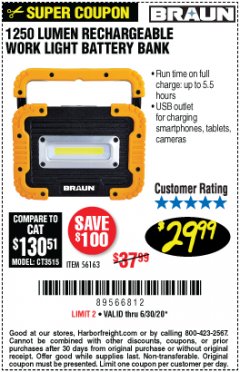 Harbor Freight Coupon 1250 LUMEN RECHARGEABLE WORK LIGHT BATTERY BANK Lot No. 56163 Expired: 6/30/20 - $29.99