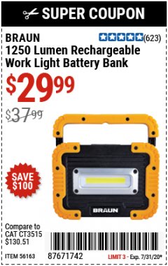 Harbor Freight Coupon BRAUN 1250 LUMEN LED RECHARGEABLE BATTERY BANK WORK LIGHT Lot No. 56163 Expired: 7/31/20 - $29.99