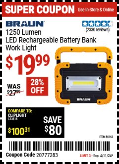 Harbor Freight Coupon 1250 LUMEN RECHARGEABLE WORK LIGHT BATTERY BANK Lot No. 56163 Expired: 4/11/24 - $19.99