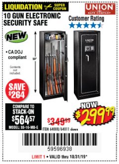 Harbor Freight Coupon UNION 10 GUN ELECTRONIC SECURITY SAFE Lot No. 64011/64008 Expired: 10/31/19 - $299.99