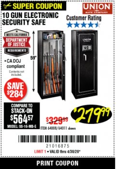Harbor Freight Coupon UNION 10 GUN ELECTRONIC SECURITY SAFE Lot No. 64011/64008 Expired: 6/30/20 - $279.99