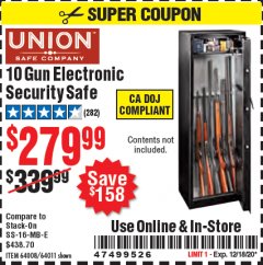 Harbor Freight Coupon UNION 10 GUN ELECTRONIC SECURITY SAFE Lot No. 64011/64008 Expired: 12/18/20 - $279.99