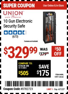 Harbor Freight Coupon UNION 10 GUN ELECTRONIC SECURITY SAFE Lot No. 64011/64008 Expired: 4/7/22 - $329.99