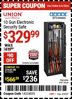 Harbor Freight Coupon UNION 10 GUN ELECTRONIC SECURITY SAFE Lot No. 64011/64008 Expired: 2/5/23 - $329.99