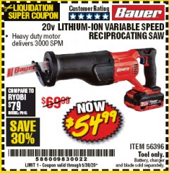 Harbor Freight Coupon 20V LITHIUM-ION VARIABLE SPEED RECIPROCATING SAW WITH KEYLESS CHUCK Lot No. 56396 Expired: 6/30/20 - $54.99