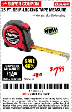 Harbor Freight Coupon 25 FT. SELF-LOCKING TAPE MEASURE Lot No. 56350 Expired: 1/6/20 - $7.99