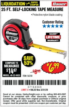 Harbor Freight Coupon 25 FT. SELF-LOCKING TAPE MEASURE Lot No. 56350 Expired: 3/31/20 - $6.99