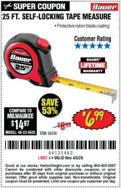Harbor Freight Coupon 25 FT. SELF-LOCKING TAPE MEASURE Lot No. 56350 Expired: 6/30/20 - $6.99