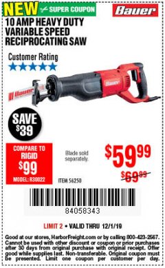 Harbor Freight Coupon BAUER 10 AMP VARIABLE SPEED RECIPROCATING SAW Lot No. 56250 Expired: 12/1/19 - $59.99