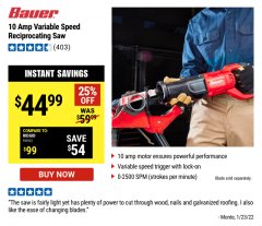 Harbor Freight Coupon BAUER 10 AMP VARIABLE SPEED RECIPROCATING SAW Lot No. 56250 Expired: 3/24/22 - $44.99
