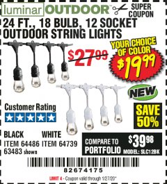 Harbor Freight Coupon 24 FT., 18 BULB, 12 SOCKET OUTDOOR LINKABLE STRING LIGHTS Lot No. 64486/63483 Expired: 1/27/20 - $19.99