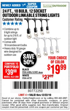 Harbor Freight Coupon 24 FT., 18 BULB, 12 SOCKET OUTDOOR LINKABLE STRING LIGHTS Lot No. 64486/63483 Expired: 12/22/19 - $19.99