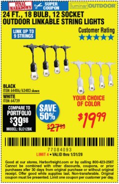 Harbor Freight Coupon 24 FT., 18 BULB, 12 SOCKET OUTDOOR LINKABLE STRING LIGHTS Lot No. 64486/63483 Expired: 1/31/20 - $19.99