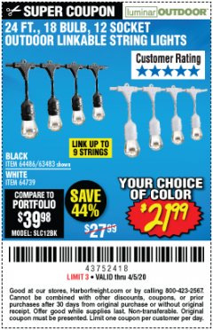 Harbor Freight Coupon 24 FT., 18 BULB, 12 SOCKET OUTDOOR LINKABLE STRING LIGHTS Lot No. 64486/63483 Expired: 6/30/20 - $21.99