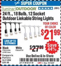 Harbor Freight Coupon 24 FT., 18 BULB, 12 SOCKET OUTDOOR LINKABLE STRING LIGHTS Lot No. 64486/63483 Expired: 10/16/20 - $21.99