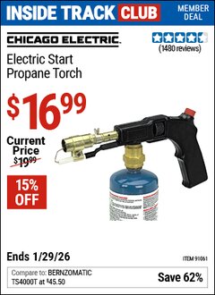 Harbor Freight ITC Coupon CHICAGO ELECTRIC ELECTRIC START PROPANE TORCH Lot No. 91061 Valid Thru: 1/29/26 - $16.99