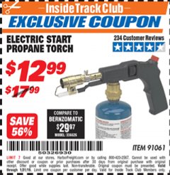 Harbor Freight ITC Coupon ELECTRIC START PROPANE TORCH Lot No. 91061 Expired: 1/31/19 - $12.99
