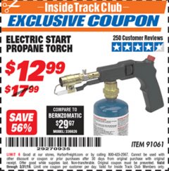 Harbor Freight ITC Coupon ELECTRIC START PROPANE TORCH Lot No. 91061 Expired: 3/31/19 - $12.99