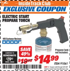 Harbor Freight ITC Coupon ELECTRIC START PROPANE TORCH Lot No. 91061 Expired: 3/31/20 - $14.99