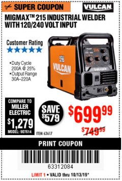 Harbor Freight Coupon MIGMAX 215 INDUSTRIAL WELDER Lot No. 63617 Expired: 10/13/19 - $699.99