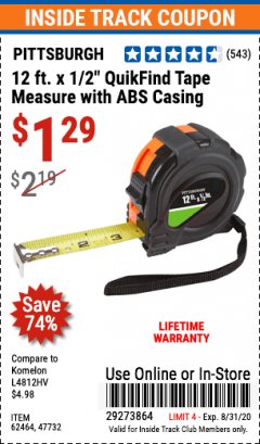 Harbor Freight ITC Coupon 1/2" X 12 FT. PITTSBURGH QUIKFIND TAPE MEASURE Lot No. 47732/69097/62464 Expired: 8/31/20 - $1.29