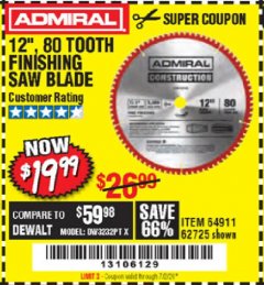 Harbor Freight Coupon 12" 80 TOOTH FINISHING SAW BLADE Lot No. 64911, 62725 Expired: 7/2/20 - $19.99