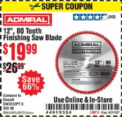 Harbor Freight Coupon 12" 80 TOOTH FINISHING SAW BLADE Lot No. 64911, 62725 Expired: 9/21/20 - $19.99