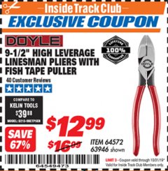 Harbor Freight ITC Coupon 9-1/2" HIGH LEVERAGE LINESMAN PLIERS WITH FISH TAPE PULLER Lot No. 64572, 63946 Expired: 10/31/19 - $12.99