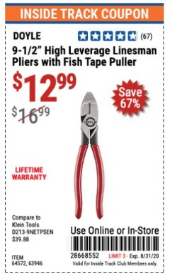 Harbor Freight ITC Coupon 9-1/2" HIGH LEVERAGE LINESMAN PLIERS WITH FISH TAPE PULLER Lot No. 64572, 63946 Expired: 8/31/20 - $12.99