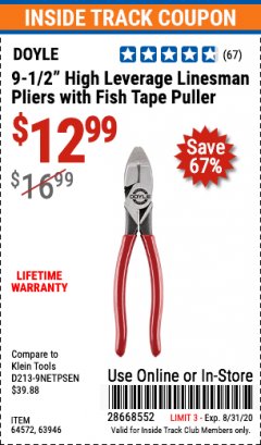 Harbor Freight ITC Coupon 9-1/2" HIGH LEVERAGE LINESMAN PLIERS WITH FISH TAPE PULLER Lot No. 64572/63946 Expired: 8/31/20 - $12.99