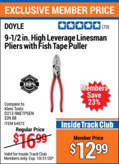 Harbor Freight ITC Coupon 9-1/2" HIGH LEVERAGE LINESMAN PLIERS WITH FISH TAPE PULLER Lot No. 64572/63946 Expired: 10/31/20 - $12.99