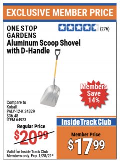 Harbor Freight ITC Coupon ONE STOP GARDENS ALUMINUM SCOOP SHOVEL WITH D-HANDLE Lot No. 64923 Expired: 1/28/21 - $17.99