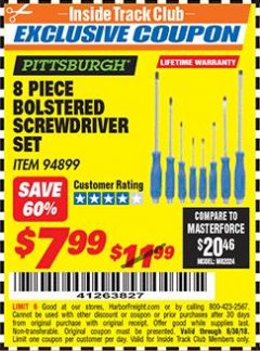 Harbor Freight ITC Coupon 8 PIECE BOLSTERED SCREWDRIVER SET Lot No. 94899 Expired: 6/30/18 - $7.99