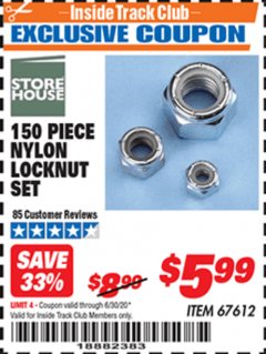 Harbor Freight ITC Coupon 150 PIECE NYLON LOCKNUT SET Lot No. 67612 Expired: 6/30/20 - $5.99