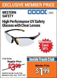 Harbor Freight ITC Coupon WESTERN SAFETY HIGH PERFORMANCE UV SAFETY GLASSES Lot No. 98365/98366 Expired: 10/31/20 - $1.99