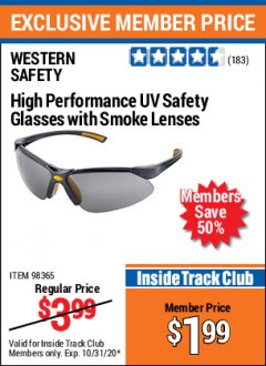 Harbor Freight ITC Coupon WESTERN SAFETY HIGH PERFORMANCE UV SAFETY GLASSES Lot No. 98365/98366 Expired: 10/31/20 - $1.99