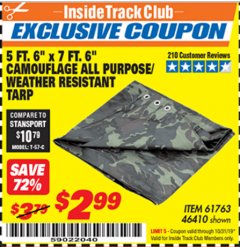 Harbor Freight ITC Coupon 5 FT. 6" X 7 FT. 6" CAMOUFLAGE ALL PURPOSE/WEATHER RESISTANT TARP Lot No. 61763, 46410 Expired: 10/31/19 - $2.99