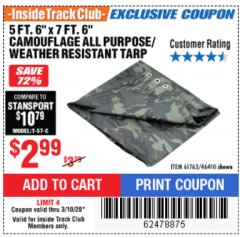 Harbor Freight ITC Coupon 5 FT. 6" X 7 FT. 6" CAMOUFLAGE ALL PURPOSE/WEATHER RESISTANT TARP Lot No. 61763, 46410 Expired: 3/10/20 - $2.99