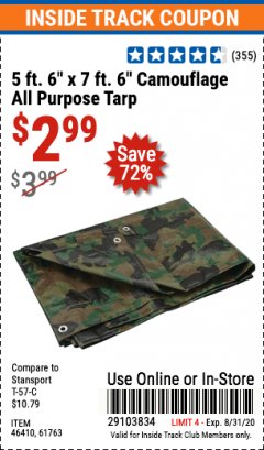 Harbor Freight ITC Coupon 5 FT. 6" X 7 FT. 6" CAMOUFLAGE ALL PURPOSE/WEATHER RESISTANT TARP Lot No. 61763, 46410 Expired: 8/31/20 - $2.99