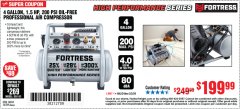 Harbor Freight Coupon FORTRESS 4 GALLON, 1.5HP OIL FREE PROFFESSIONAL AIR COMPRESSOR Lot No. 56834 56339 Expired: 3/2/20 - $199.99