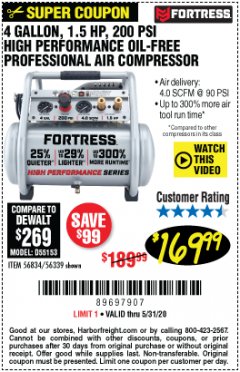 Harbor Freight Coupon FORTRESS 4 GALLON, 1.5HP OIL FREE PROFFESSIONAL AIR COMPRESSOR Lot No. 56834 56339 Expired: 6/30/20 - $169.99