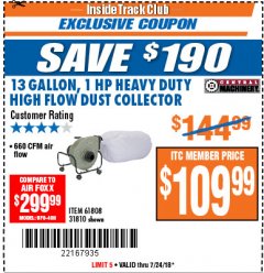 Harbor Freight ITC Coupon 13 GALLON INDUSTRIAL PORTABLE DUST COLLECTOR Lot No. 61808/31810 Expired: 7/24/18 - $109.99