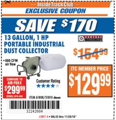 Harbor Freight ITC Coupon 13 GALLON INDUSTRIAL PORTABLE DUST COLLECTOR Lot No. 61808/31810 Expired: 11/20/18 - $129.99