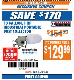 Harbor Freight ITC Coupon 13 GALLON INDUSTRIAL PORTABLE DUST COLLECTOR Lot No. 61808/31810 Expired: 12/18/18 - $129.99