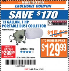 Harbor Freight ITC Coupon 13 GALLON INDUSTRIAL PORTABLE DUST COLLECTOR Lot No. 61808/31810 Expired: 1/29/19 - $129.99