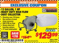 Harbor Freight ITC Coupon 13 GALLON INDUSTRIAL PORTABLE DUST COLLECTOR Lot No. 61808/31810 Expired: 4/30/20 - $129.99